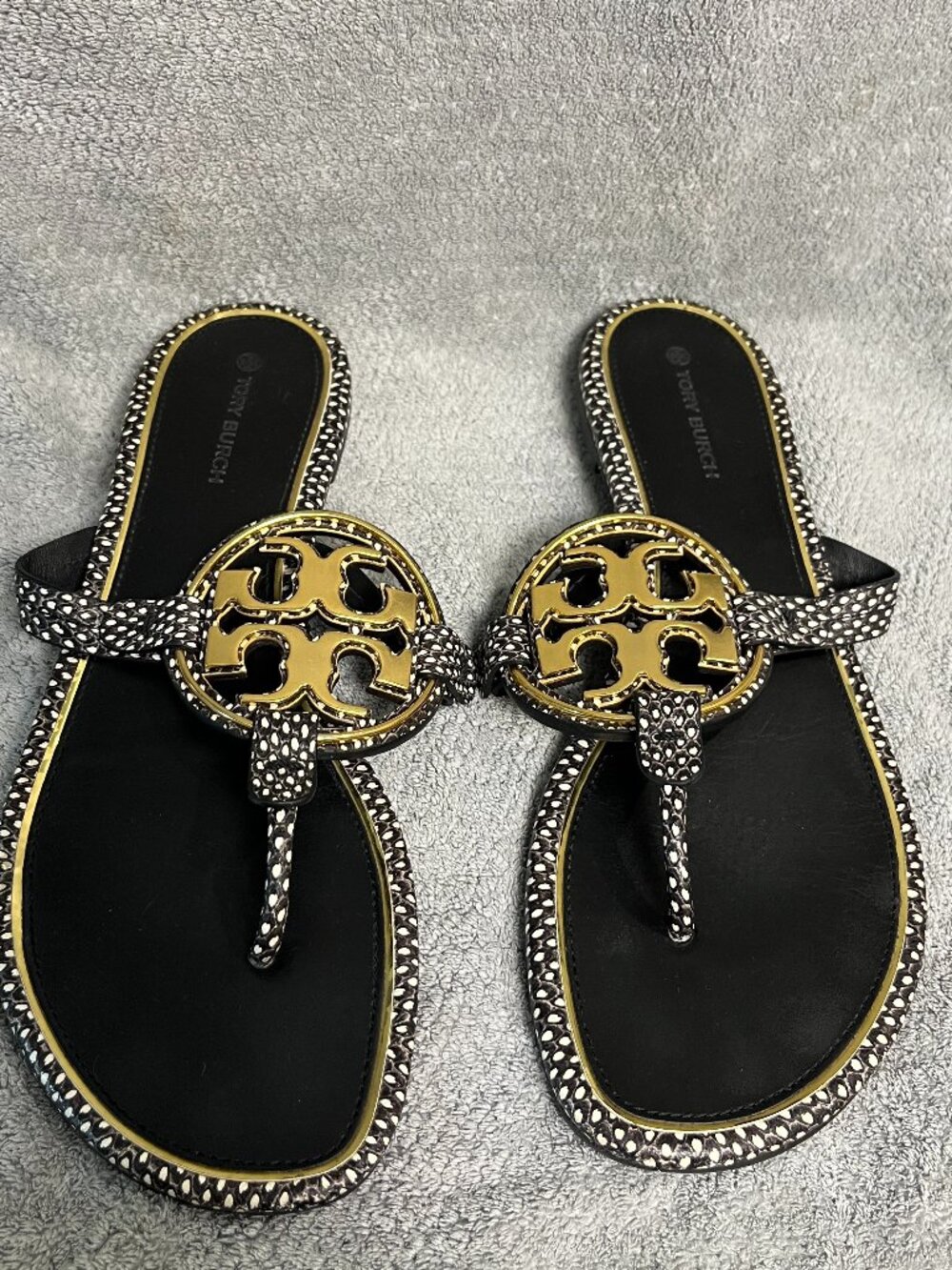 Tory Burch Metal Miller Size 9.5 Stamped Snake Printed Leather Sandals